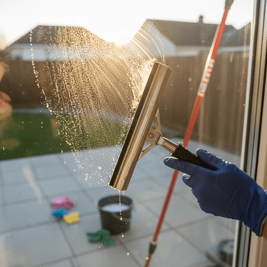 Professional window cleaning technique in action