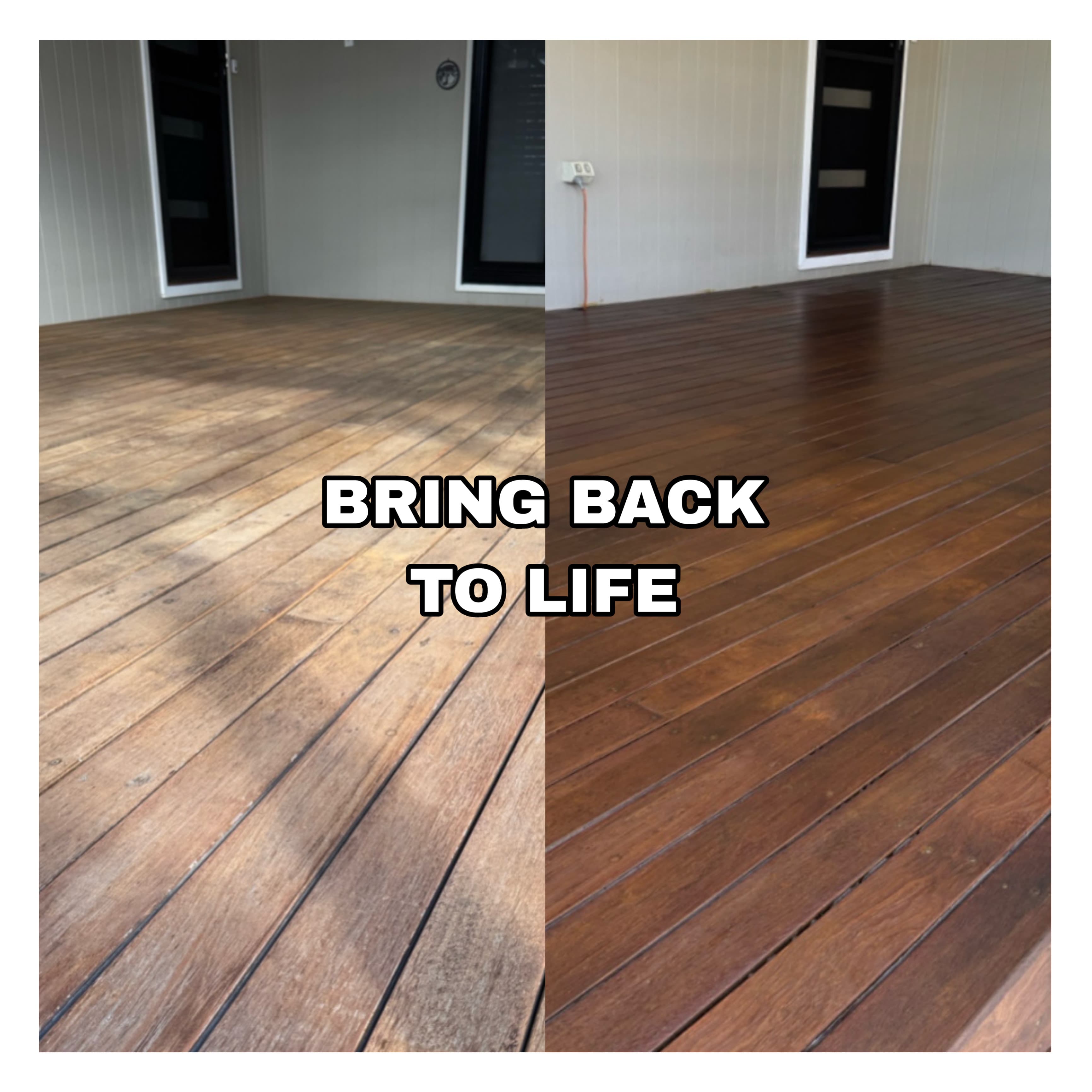 Side-by-side comparison of a weathered wooden deck restored with a rich, dark brown stain.