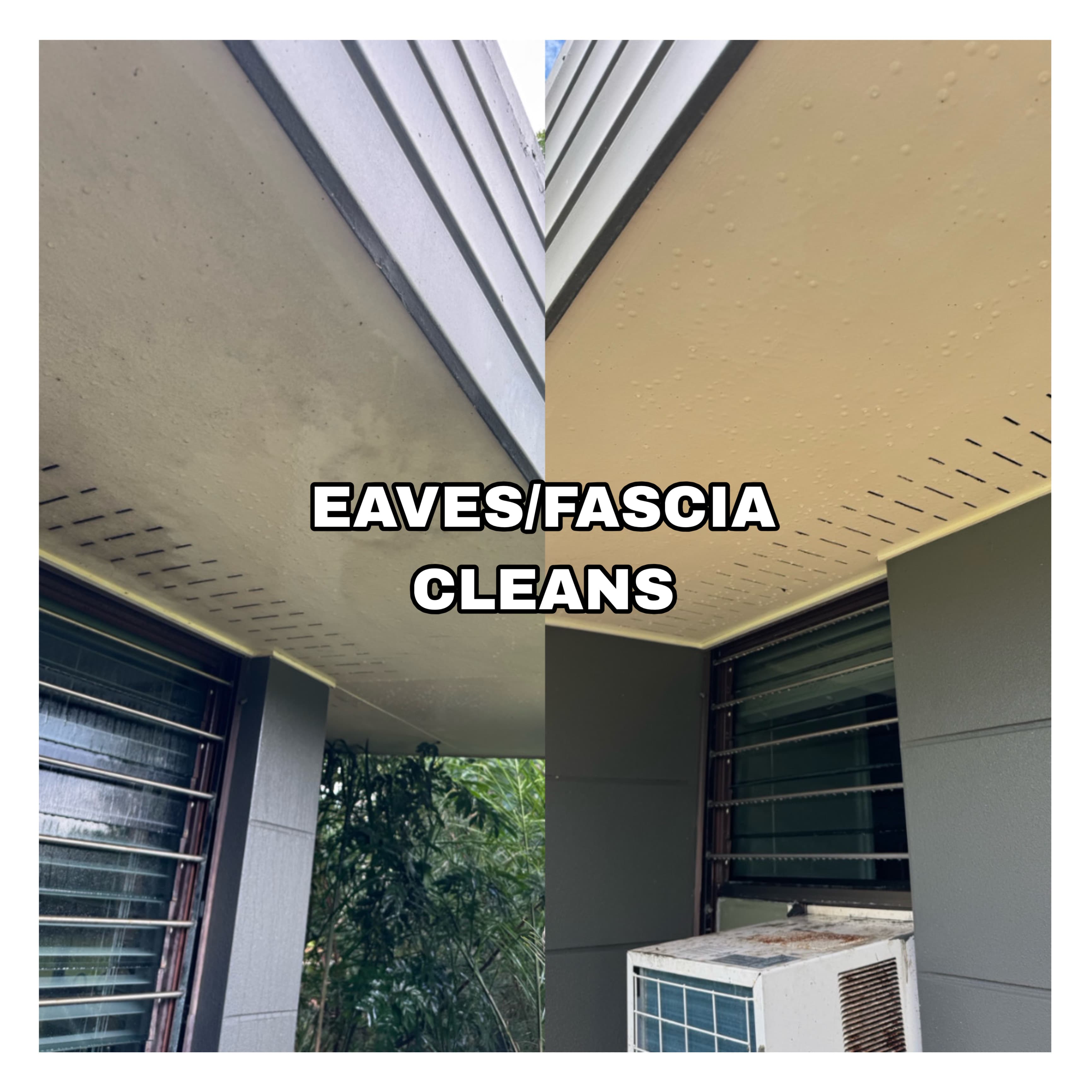 Side-by-side comparison of dirty house eaves and fascia before and after a professional cleaning.