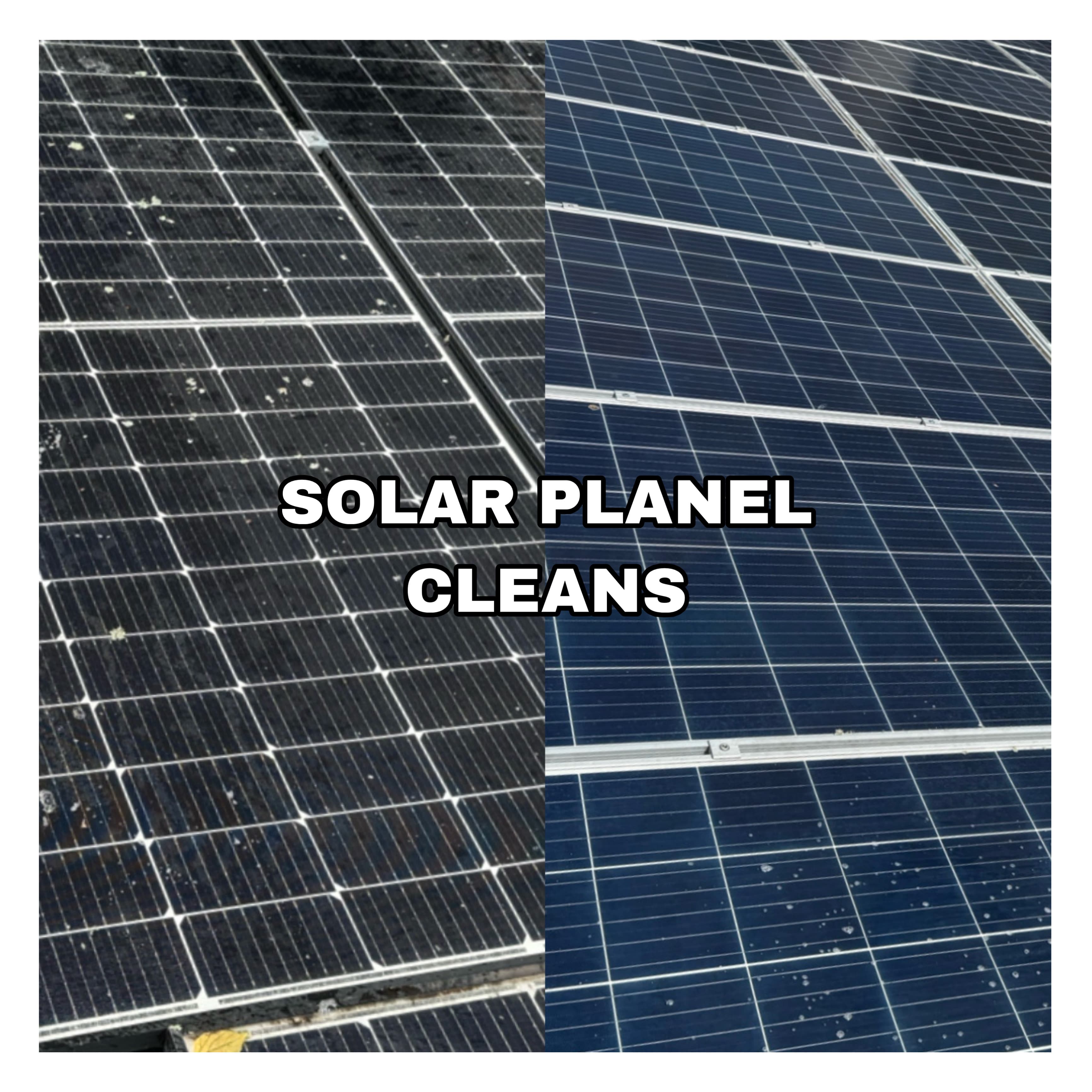 Comparison showing a dirty solar panel next to a clean, shiny blue solar panel.