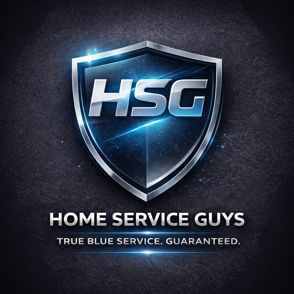 Metallic HSG shield logo for Home Service Guys with glowing blue light and slogan.