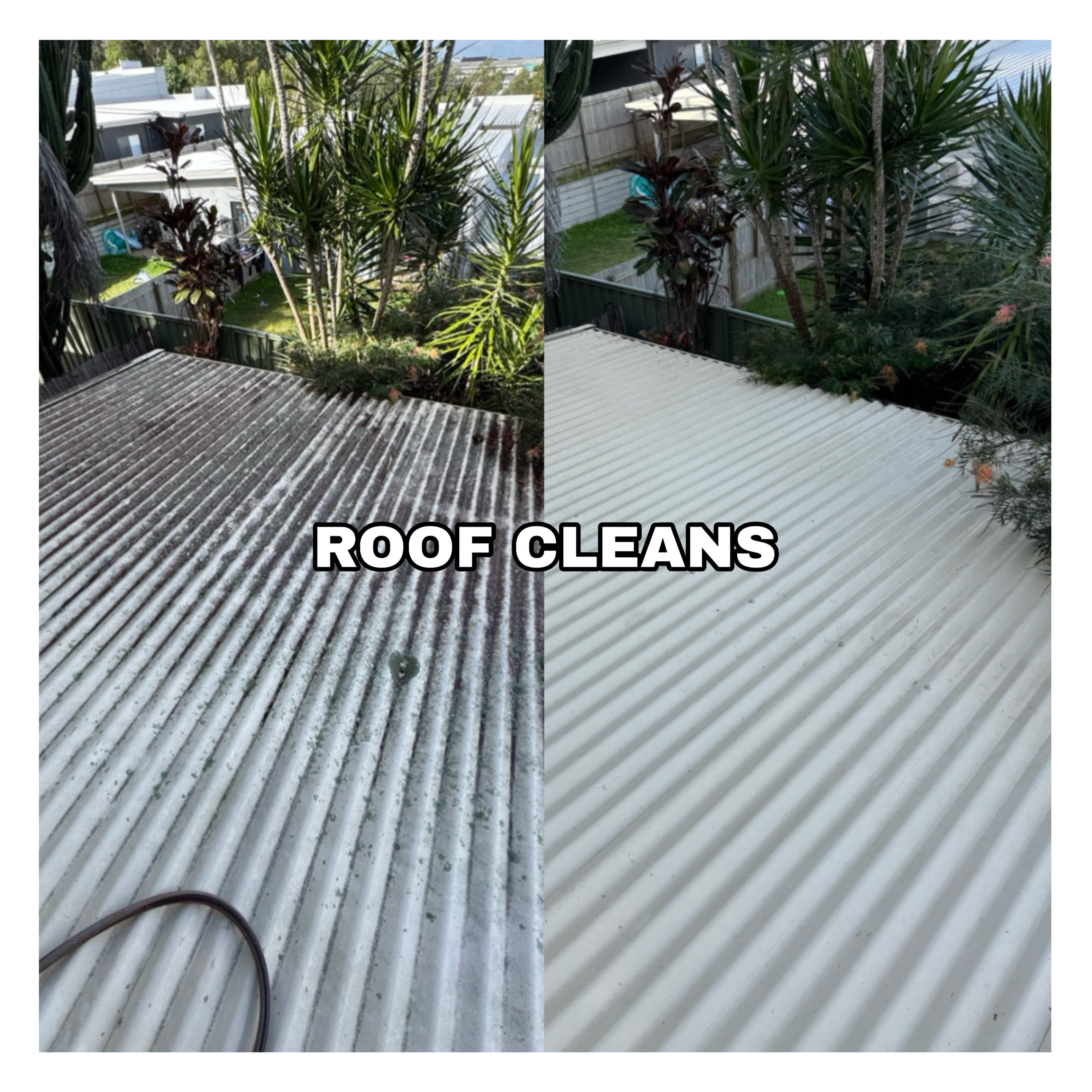 Before and after comparison of a dirty corrugated metal roof restored to a clean white finish.