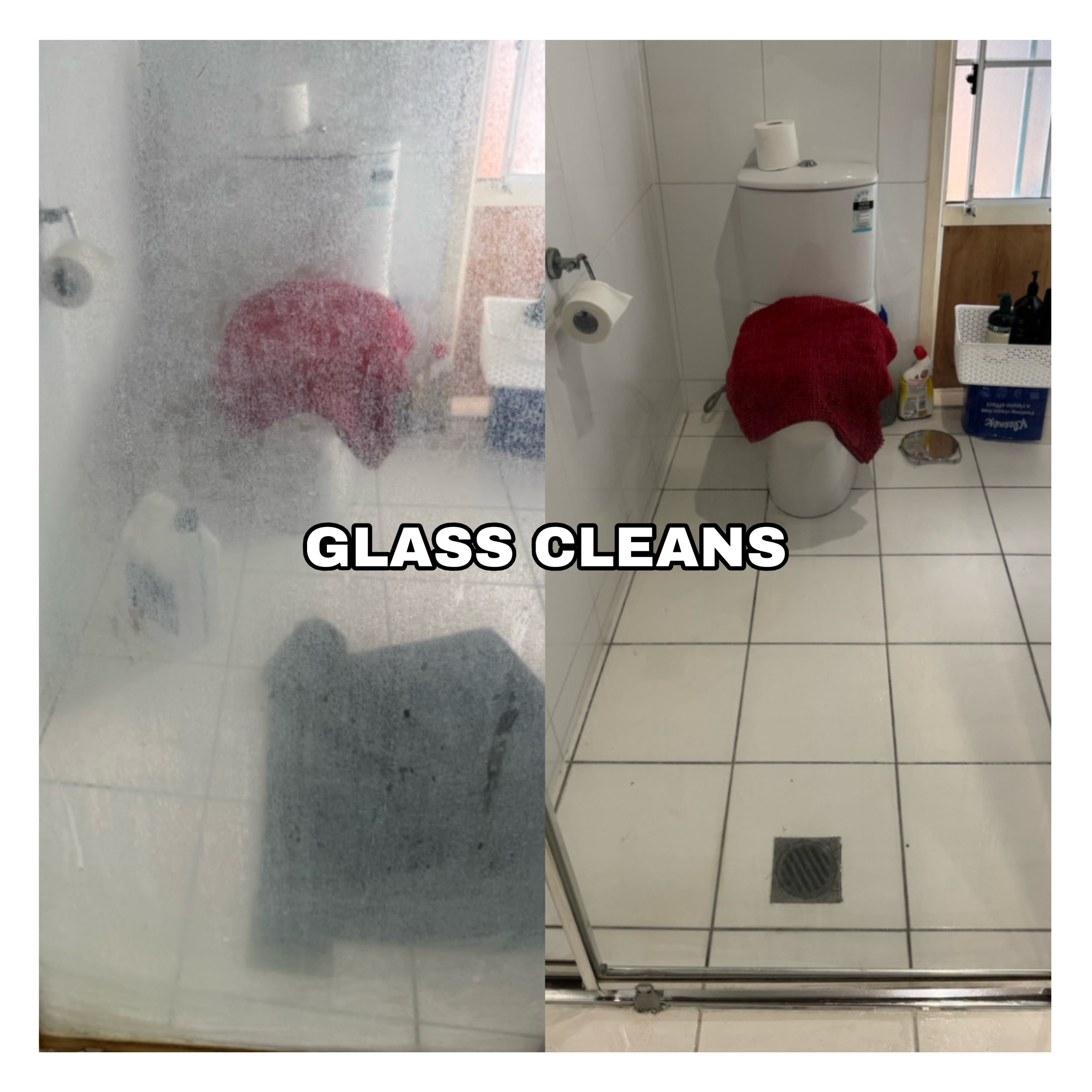 Before and after comparison showing cloudy shower glass transformed into crystal clear, clean glass.