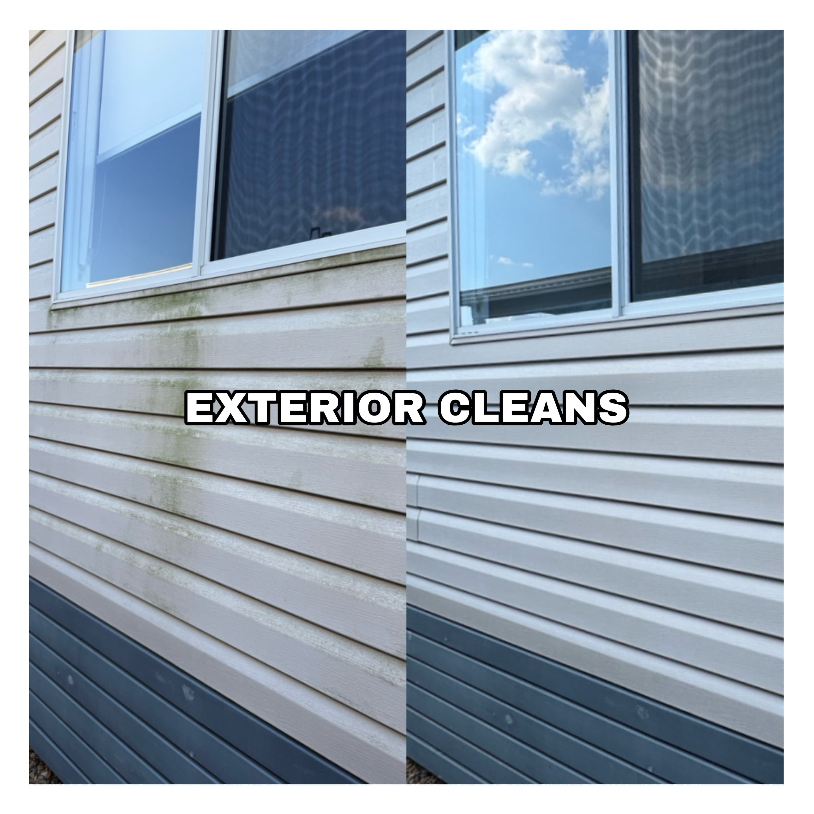 Before and after comparison of algae-stained beige vinyl siding restored to a clean finish.