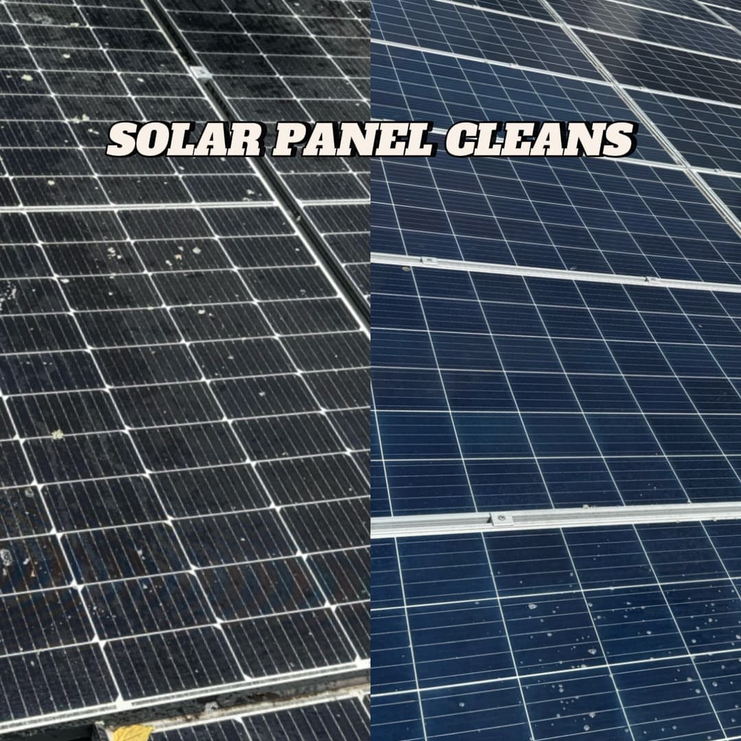 Split screen showing dirty and clean solar panels with 'SOLAR PANEL CLEANS' text overlay.